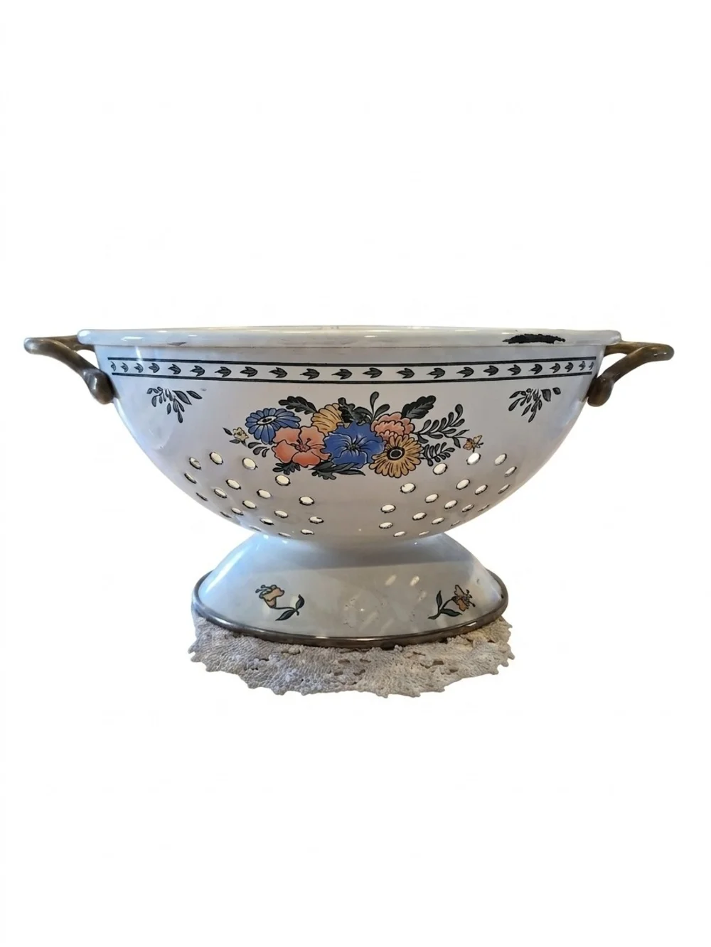 Vintage Floral Enamel Colander with Handles